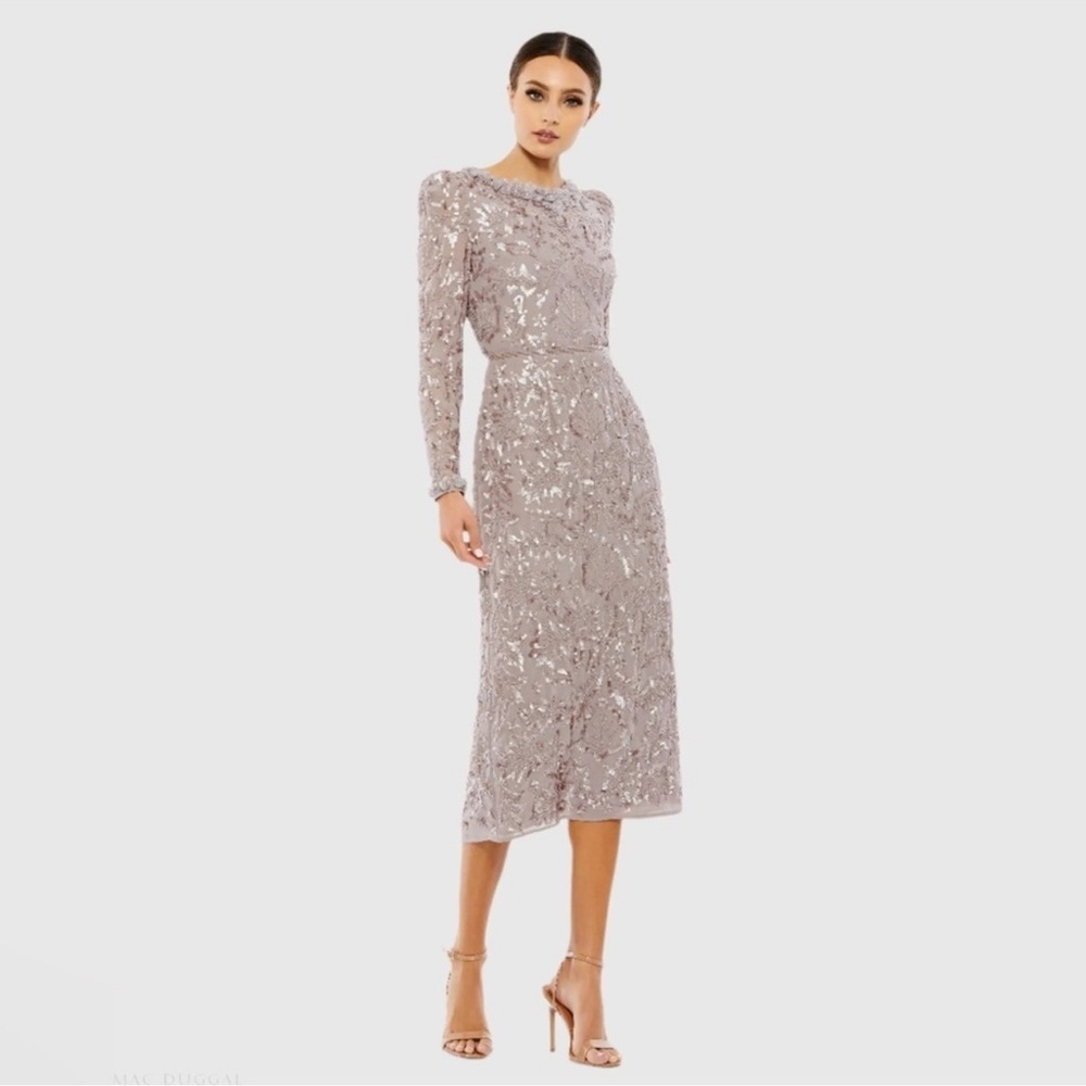 Mac Duggal | Light Purple Embellished High Neck Puff Sleeve Midi Dress 93595